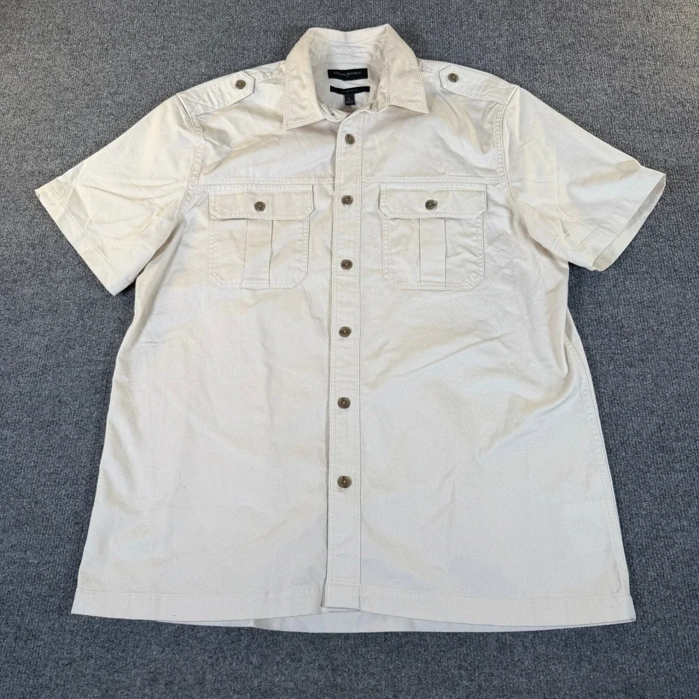 Banana Republic Mens Utility Shirt Stone White Cotton Twill Epaulets L #3948